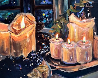 Stillleben mit Kerzen, Trauben und Käse. Original Gemälde, Acryl auf Malplatte 30x30 cm