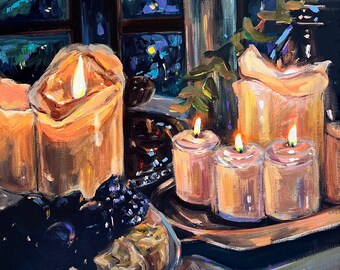 Oryginalny obraz martwej natury wykonany akrylem: świece, winogrona, ser (30x30 cm)