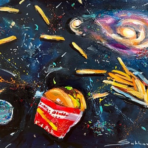 In-N-Out Burger in the Space. Original acrylic and glitter painting on wood panel 11x14 inches (28x35 cm).