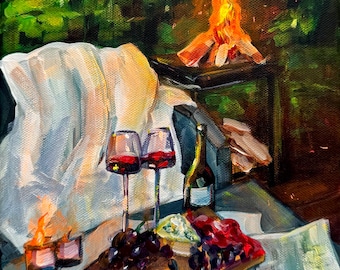 Przytulny wieczór przy kominku. Oryginalny obraz akrylowy na płótnie o wymiarach 8x10 cali (20 x 25 cm).