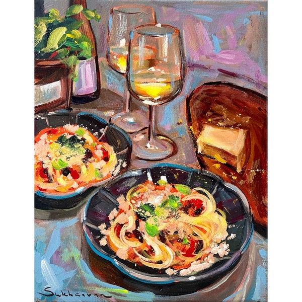 Archival giclée print of the of Original acrylic painting Still Life Spaghetti and White Wine by Victoria Sukhasyan.