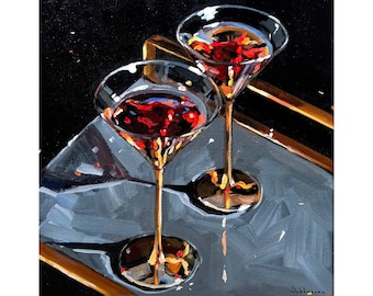Archival giclée print of the Original Painting on canvas Still Life with Two Cocktails by Victoria Sukhasyan.