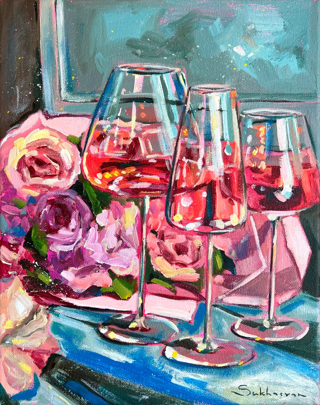 Still Life With Rosé Wine and Flowers. Original Acrylic Painting on ...