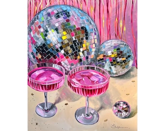 Archival giclée print of the of Original acrylic painting Still Life with Disco balls and Cocktails by Victoria Sukhasyan.