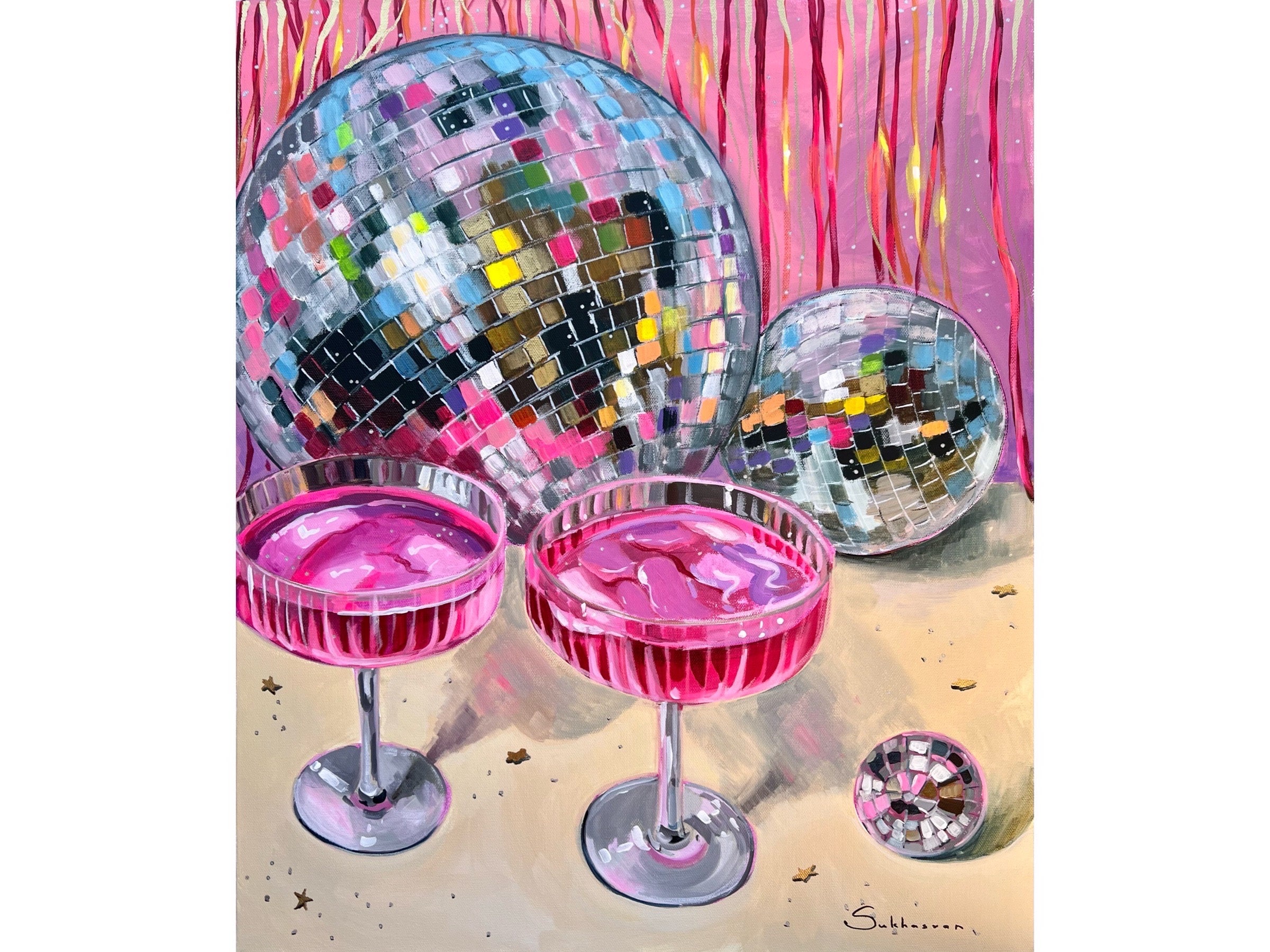 Archival giclée print of the of Original acrylic painting Still Life with Disco balls and Cocktails by Victoria Sukhasyan.