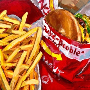 Archival giclée print of the Original acrylic painting on wood panel Still Life with Double In-N-Out Burger and French Fries N2.