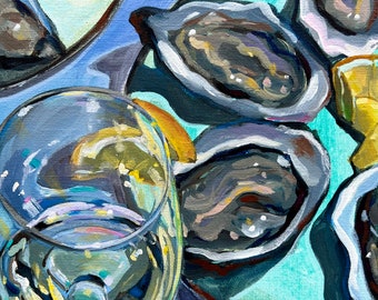 Still Life with Wine, Oysters and Lemons. Original acrylic painting on canvas 8x10 inches. Signed by the artist Victoria Sukhasyan.