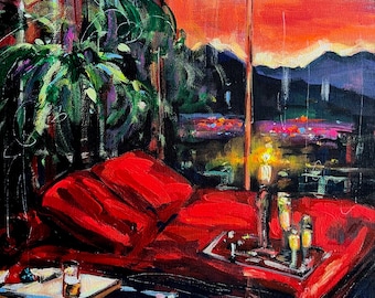 Obraz pejzażu Los Angeles: czerwona kanapa, świece, szampan (30x30 cm)