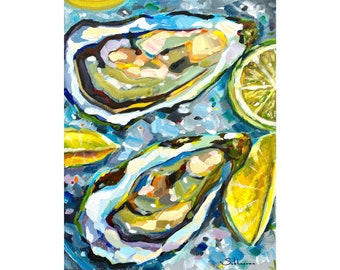 Archival giclée print of the Original acrylic painting Still Life with Oysters, Lemon and Lime by Sukhasyan.