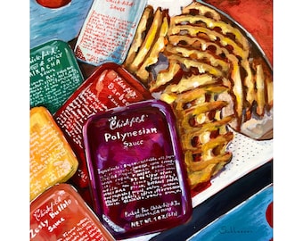 Archival giclée print of the Original acrylic painting on wood panel Still Life with French Fries and Sauces by Victoria Sukhasyan.