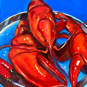Still life with Lobster. Original acrylic painting on canvas panel 8x10 inches (20x25 cm). One of a kind wall art.