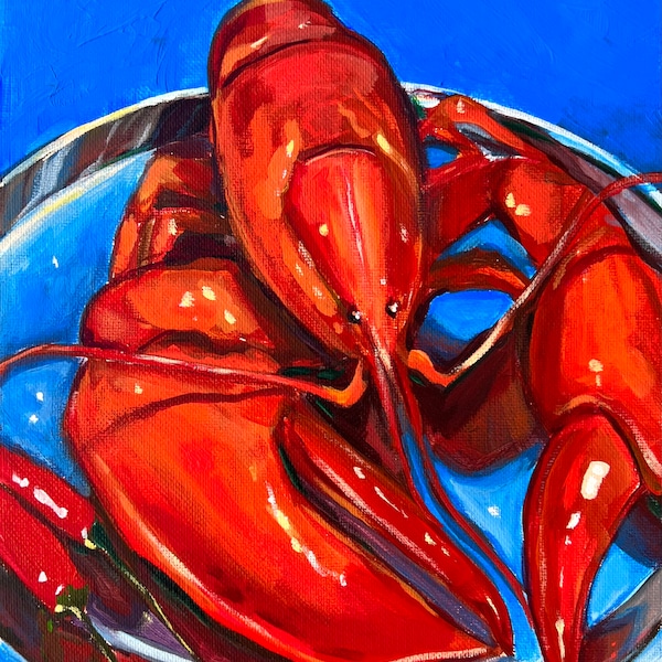 Still life with Lobster. Original acrylic painting on canvas panel 8x10 inches (20x25 cm). One of a kind wall art.