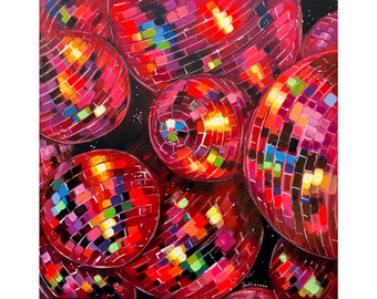 Archival giclée print of the Original acrylic painting on canvas panel Red Disco Balls by Victoria Sukhasyan.