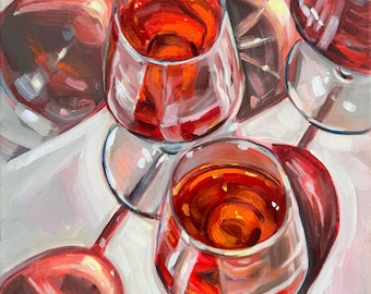 Oryginalny obraz martwej natury: Wino różowe, akryl na płótnie, 11x14"