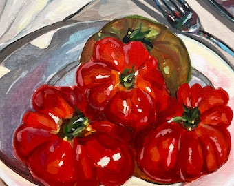 Still Life with Tomatoes original acrylic painting on canvas panel 8x8 inches by Victoria Sukhasyan.