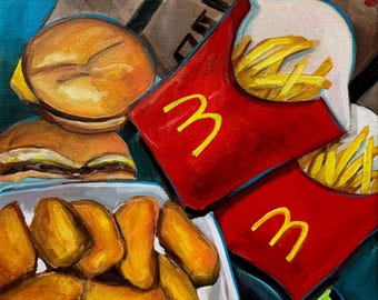 Martwa natura z fast foodem: Oryginalny obraz akrylowy na płótnie (30x30 cm)
