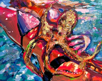 Oryginalny obraz z brokatem akrylowym „Octopus” na panelu drewnianym (8x10 cali)