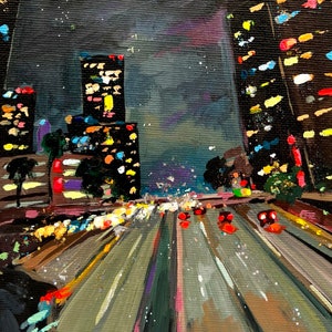 Stadsgezicht van Los Angeles bij nacht N10. Centrum. Origineel acryl- en glitterschilderij op canvaspaneel 5 x 7 inch (12 x 18 cm).