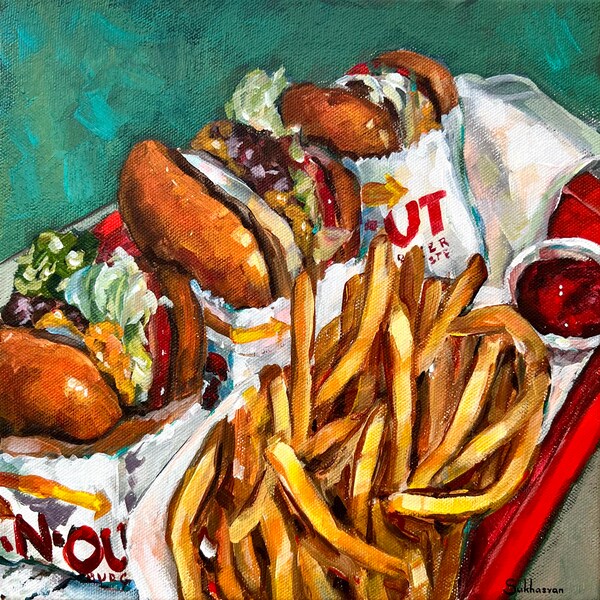 Still Life with 3 In-N-Out Burgers and French Fries Original acrylic painting on canvas 10x10 inches. Signed by Victoria Sukhasyan.