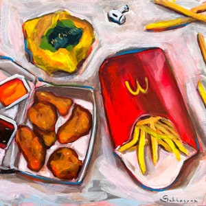 Pode incluir: Uma pintura de uma refeição de fast food com nuggets de frango, batatas fritas e molhos para mergulhar em um recipiente vermelho e branco. O recipiente tem a letra "W" nele. Há também um recipiente amarelo com as palavras "Mr. Chicken" nele.