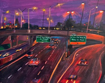 Autostrada nocą. Oryginalny obraz akrylowy na drewnie, 12x12 cali (30,5x30,5 cm).