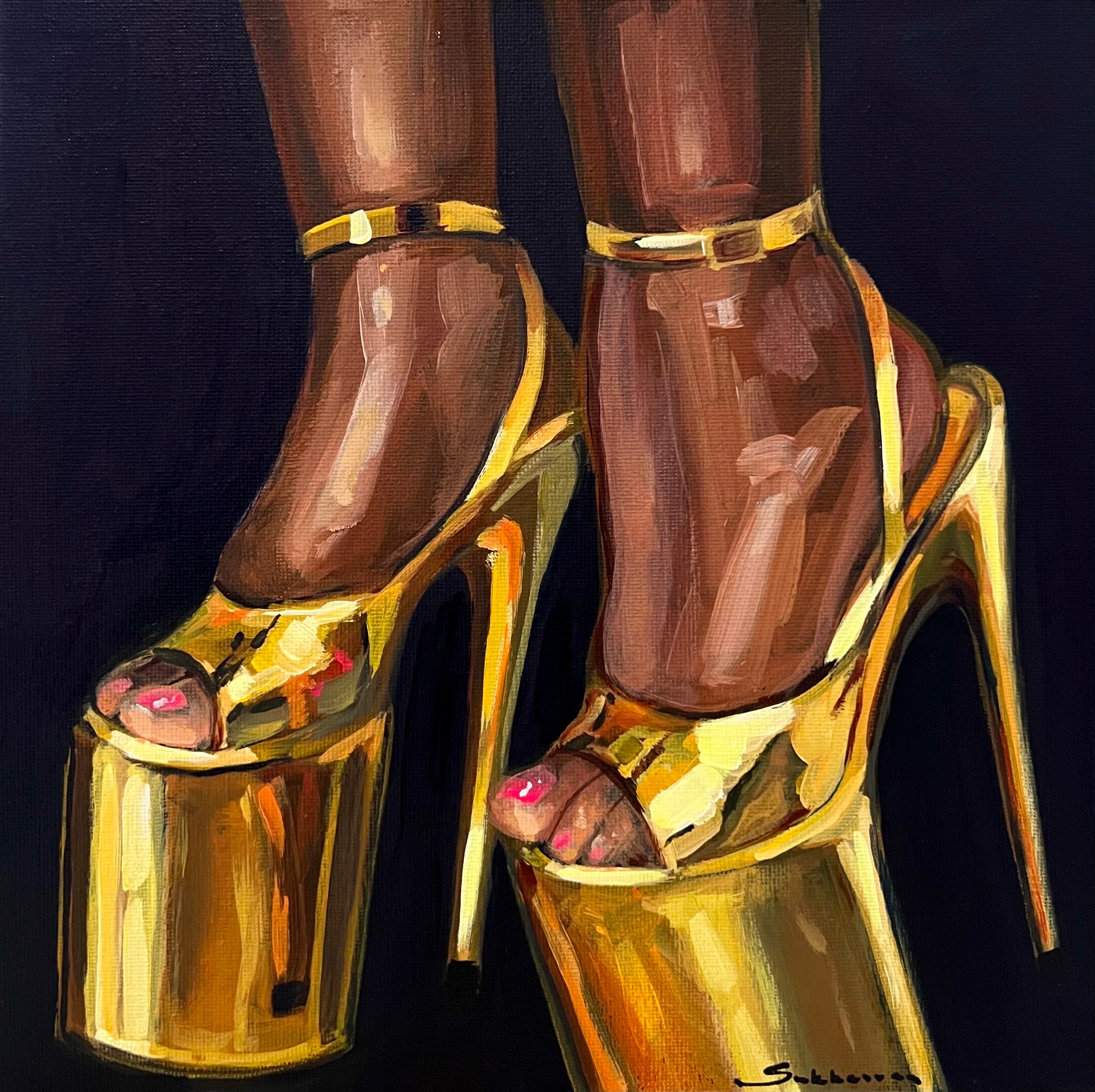 Golden Heels Still Life: Original Acrylic Painting (10x10 inches)