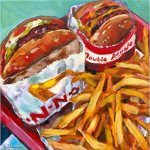 Archival giclée print of the Original acrylic painting on canvas Still Life with 2 In-N-Out Burgers by Victoria Sukhasyan.