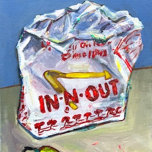Still Life with In-N-Out Bag. Original acrylic and glitter painting on canvas panel 8x10 inches (20x25 cm). One of a kind wall art.