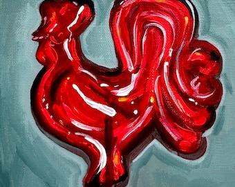 Piruleta de gallo rojo: Naturaleza muerta acrílica original (15,2 x 15,2 cm)