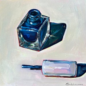 Martwa natura z niebieskim lakierem do paznokci, obraz akrylowy na panelu drewnianym, 6x6 cali (15x15 cali).