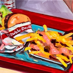 Archival giclée print of the Original acrylic painting on wood panel Still Life with Double In-N-Out Burger and French Fries N3
