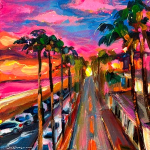 Paisaje urbano de California. San Diego. Pintura acrílica original sobre panel de madera de 6 x 6 pulgadas (15 x 15 pulgadas).