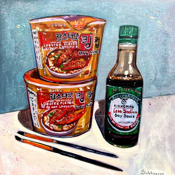 Still life with Ramen and Soy Sauce. Original acrylic and glitter painting on wood panel 14x14 inches (35x35 cm).