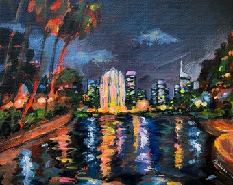 Los Angeles Cityscape at Night N4. Original acrylic and glitter painting on canvas panel 8x8 inches (20x20 cm).