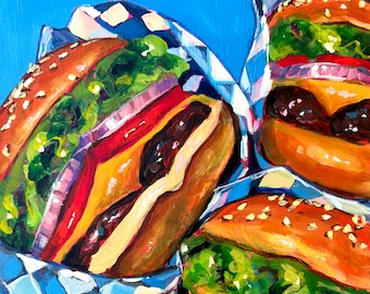 Still Life with Burgers original acrylic painting on wood panel 8x8 inches (20x20 cm) by Victoria Sukhasyan.