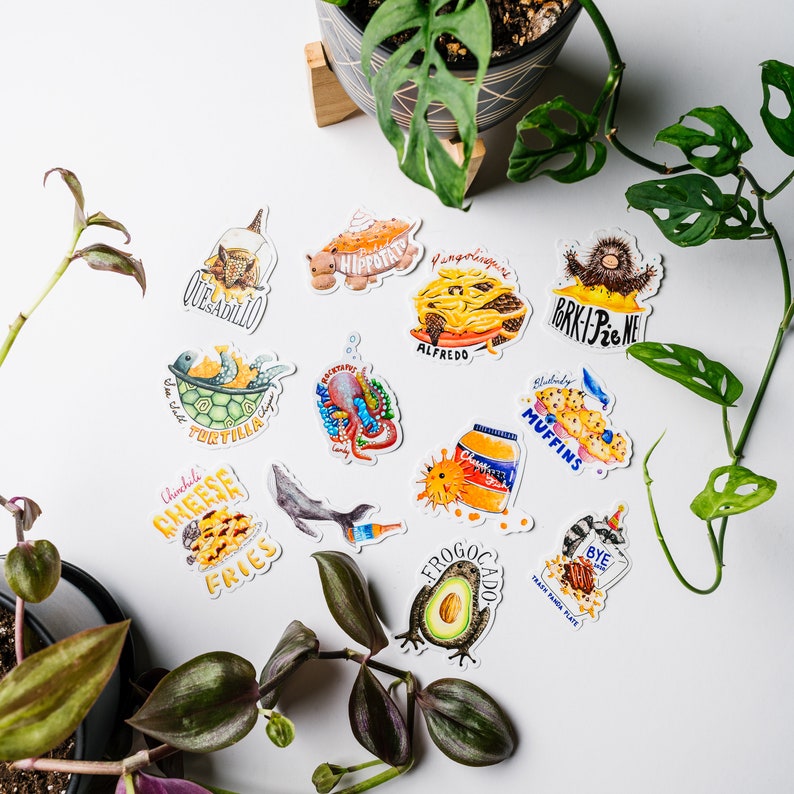 May include: A set of 13 colorful stickers featuring various food-themed illustrations. The stickers include a turtle with a tortilla, a hippopotamus with a potato, a frog with an avocado, a chinchilla with cheese fries, a panda with trash, a sea creature with a muffin, a pig with a pie, and more. The stickers are perfect for adding a touch of whimsy to laptops, water bottles, journals, and other surfaces.