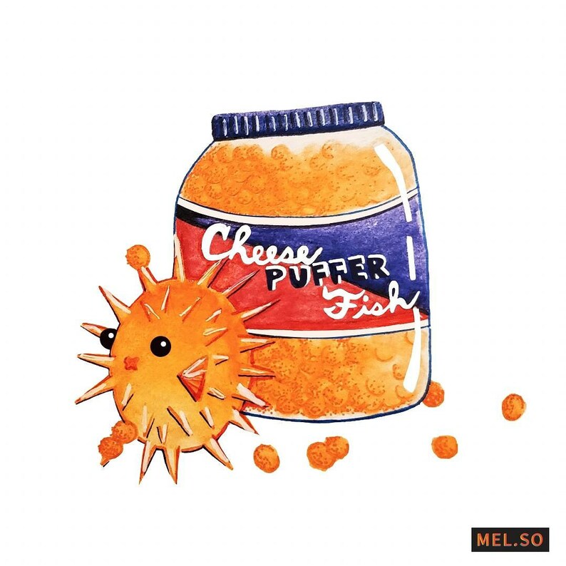 May include: A watercolor illustration of a jar of orange cheese puffs with the label "Cheese Puffer Fish". A cartoon puffer fish with orange spikes is next to the jar.