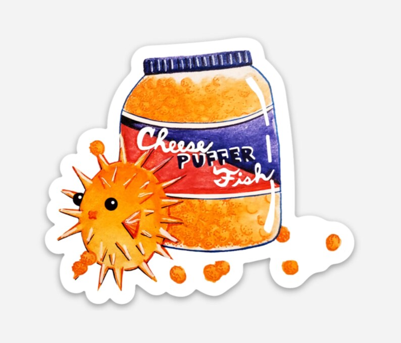 May include: A watercolor illustration of a jar of orange cheese puffs with the text "Cheese Puffer Fish" on the label. A cartoon pufferfish with orange spikes is next to the jar.