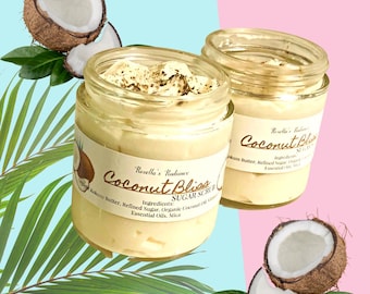 Exfoliante de azúcar Coconut Bliss / Exfoliante de azúcar batida / Manteca de karité / Piel limpia / Exfoliante / Aromas de verano / Primavera / Cuidado de la piel