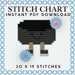 May include: A cross stitch chart pattern featuring a pixelated black character with a smiling face, tan legs, and ice skates. The text reads STITCH CHART INSTANT PDF DOWNLOAD and 20 X 19 STITCHES. A small cupcake icon and a PDF file icon are included.
