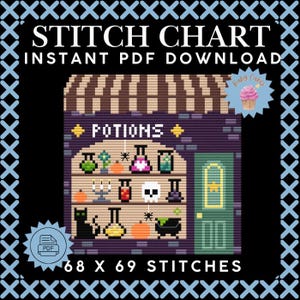 May include: A cross stitch pattern chart titled STITCH CHART INSTANT PDF DOWNLOAD featuring a potion shop with shelves of bottles, a skull, a black cat, and a cauldron. The design measures 68 x 69 stitches and includes a blue X-pattern border.