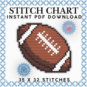 May include: A cross stitch pattern chart featuring a brown football with white laces and stripes. The text reads STITCH CHART, INSTANT PDF DOWNLOAD, and 35 X 32 STITCHES. A small cupcake icon and a PDF file icon are visible on the white background.