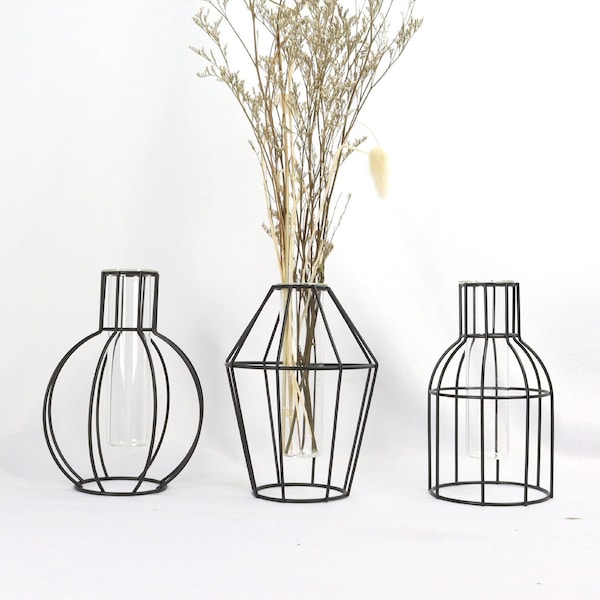 Wire vase with glass for flowers, dried flowers, hydroponics, geometric design, minimalism, timeless, black metal vase