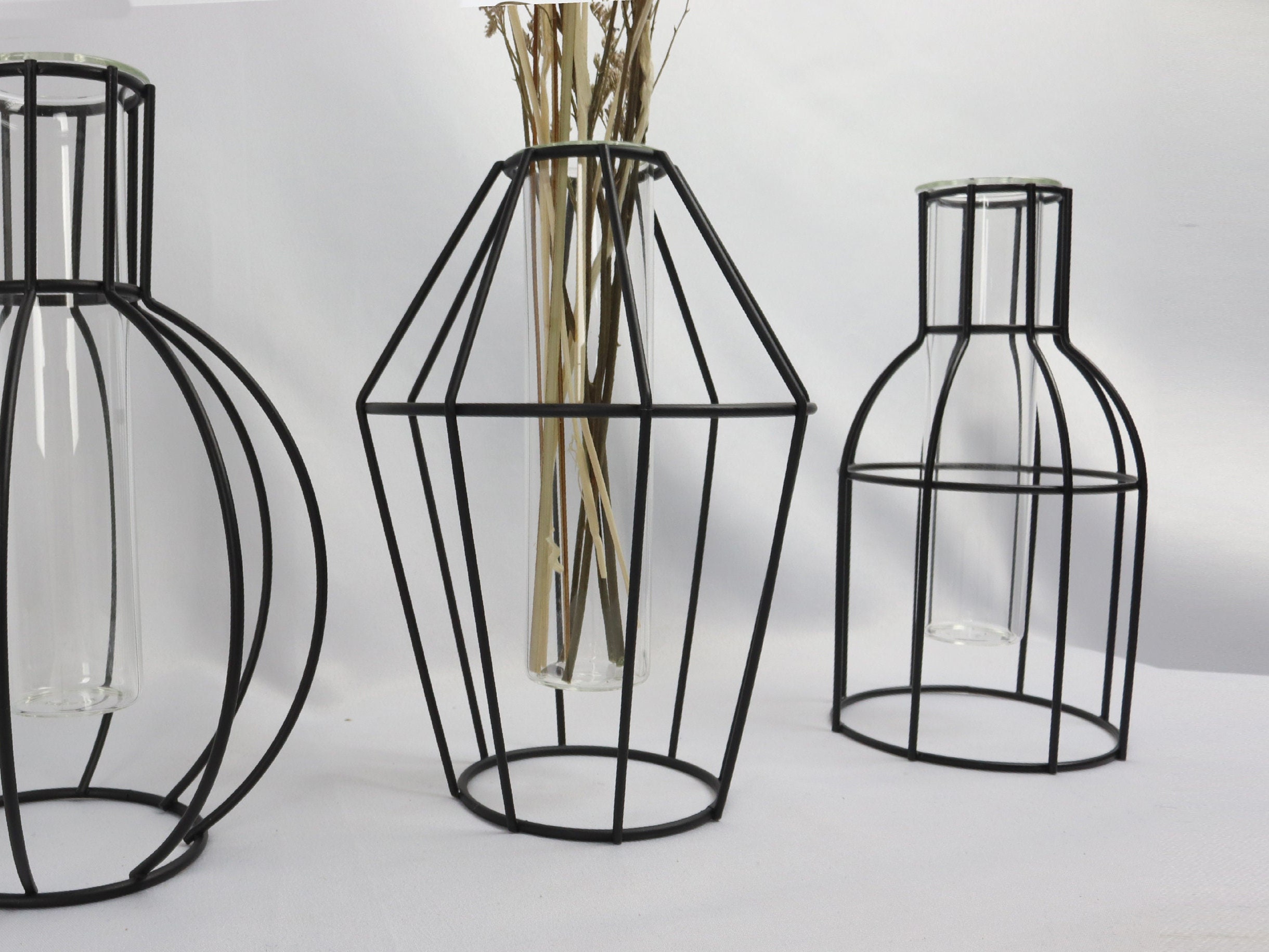 Vaso Portafiori In Metallo Nero Con Provetta In Vetro, Decorativo Da Scrivania, Idroponico, 12x16 Cm