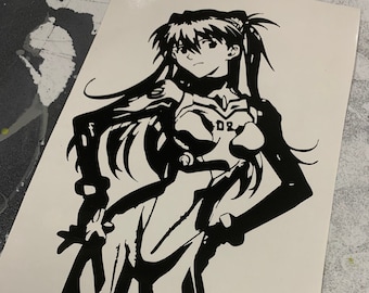 May include: Black and white silhouette of an anime character with long hair and a ponytail. The character is wearing a jumpsuit with the number "02" on the chest.