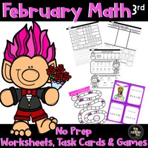 May include: A printable set of Valentine's Day themed math worksheets, task cards, and games featuring a cartoon troll holding a bouquet of red roses. The set includes a game board, number cards, and a worksheet with a multiplication table.