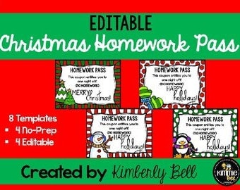 1st 2nd 3rd 4th 5th Grade Christmas Holiday Homework Pass Gift Idea