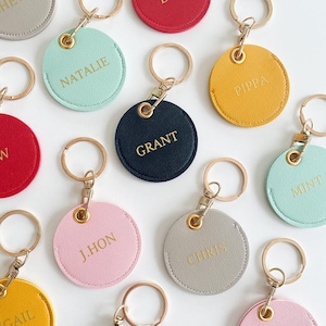 Personalised keyring/keychain - round/circle/gift /PU leather /custom name/initials/bag tag /red/yellow/ mint/grey/ black/ pink personalized