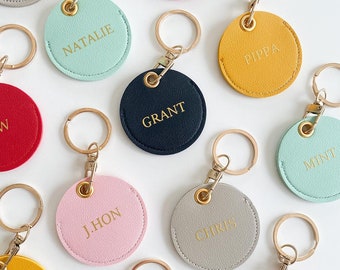 Personalised keyring/keychain - round/circle/gift /PU leather /custom name/initials/bag tag /red/yellow/ mint/grey/ black/ pink personalized