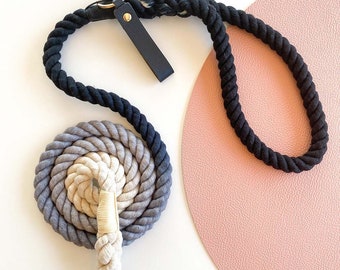 Grey Dove - Rope Dog Lead / Leash / Rose Gold Clip / 152cm long / Braided Fibre / Cotton / Grey Black White / Handmade / Natural dye/ Basic